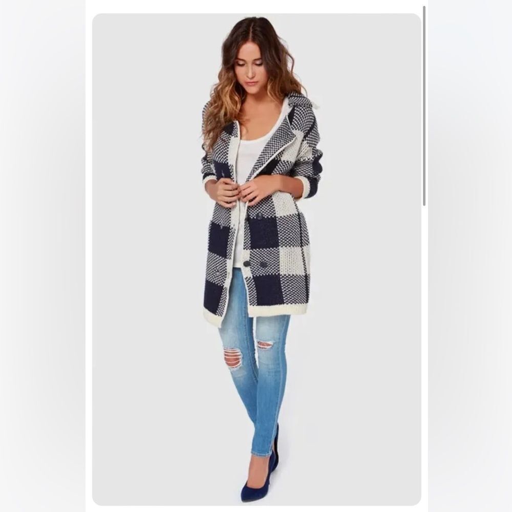 JOA Los Angeles Plaid Wool Blend Cardigan Sweater‎ Ladies Navy Ivory Size Medium